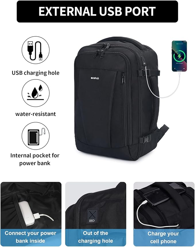 ECOHUB Small Travel Backpack 17" United Airlines Personal Item Bag Black | 16.7"x10"x8" Small Backpack with 13 Pockets Water Resistant Carry on Backpack with USB Port Luggage Sleeve for Women Men