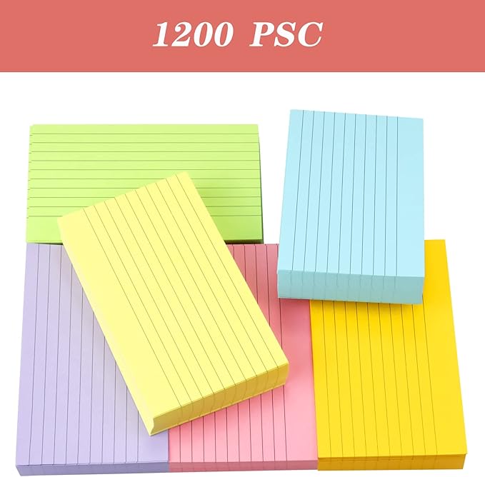 Tecmisse 1200 Pcs Ruled Index Cards, 3x5 Inches Colorful Index Cards Bulk, Heavy Colored Note Cards, Study Cards for School, Learning, Memo Scratch Pad, 6 Colors Notecards (1200)