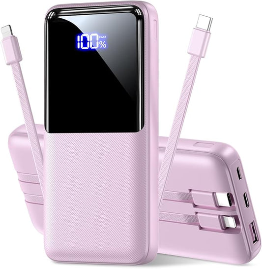 CFIAI Portable Charger Power Bank - 15000mAh Battery Pack Portable Phone Charger with Built in Cable 22.5W Fast Charging Powerbank Compatible with iPhone Android Samsung Phone, Lavender
