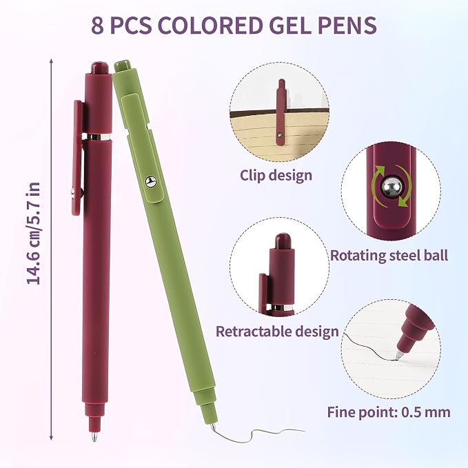 Thboxes 8Pcs Gel Pens for Journaling, 0.5mm Fine Tip Retractable Colored Nurse Pens - Smooth Writing for Note Taking, Office & School Supplies, Journaling Supplies for Women Teacher Nurse gifts