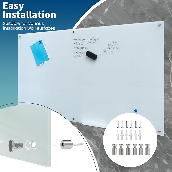 Glass Whiteboard 48"X72" Dry Erase Board Magnetic Frameless Wall Mounted White Board WritingBoard for Office School Home Accessory Tray, 3 Dry Erase Marker,4 Glass Board Magnets and 1 Magnetic Eraser