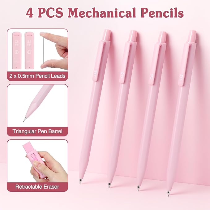 MoKo 49Pcs Aesthetic School Supplies, Pink Cute Pencil Case Set with Pastel Highlighters, Mechanical Pencils with Refills, Eraser & Sticky Notes Tabs Set for Middle & College Students Stationery