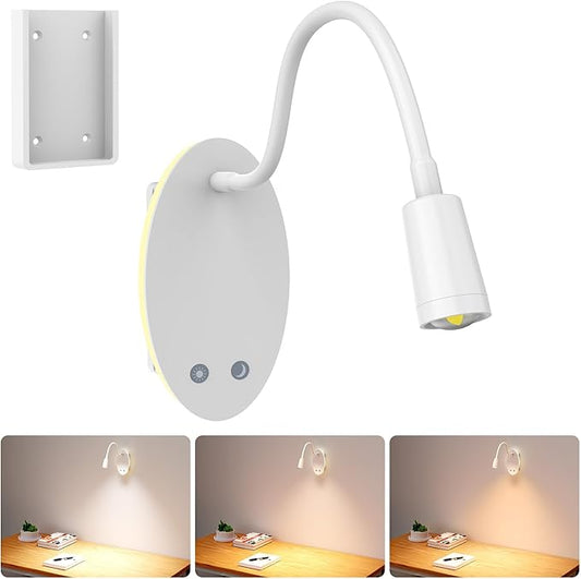 Rechargeable Cordless Reading Light, 360° Adjustable Bedside Lamp, 3 Color Stepless Dimming Night Light, 40H Runtime with Eye-Care, Memory Function, USB Output, Wall-Mounted & Detachable(1pc)