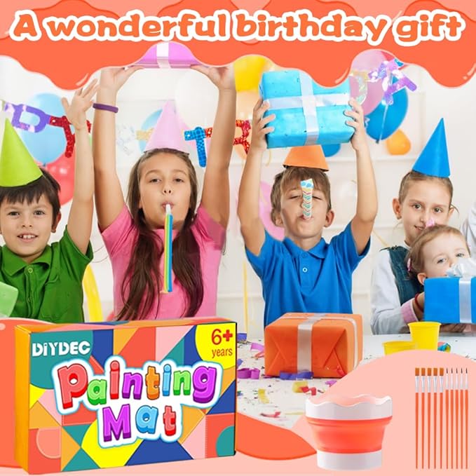 DIYDEC Silicone Craft Mat for Kids 20X16 Inch Large Painting Mat with Detachable Cup &10 Painting Brushes Silicone Art Mat for Boy Girl DIY Gift Accessories (Orange)