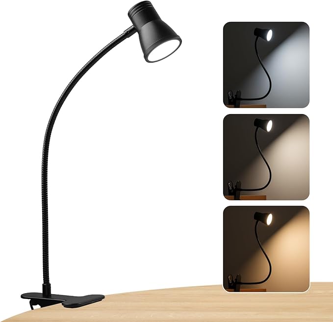 Eye-Caring Clip On Desk Lamp, 3 Color Modes & 10 Brightness LED Reading Light with Clamp, 360° Rotatable Gooseneck Reading Light, Portable Clamp Lamp for Bedroom, Office and Study (Black-Small)
