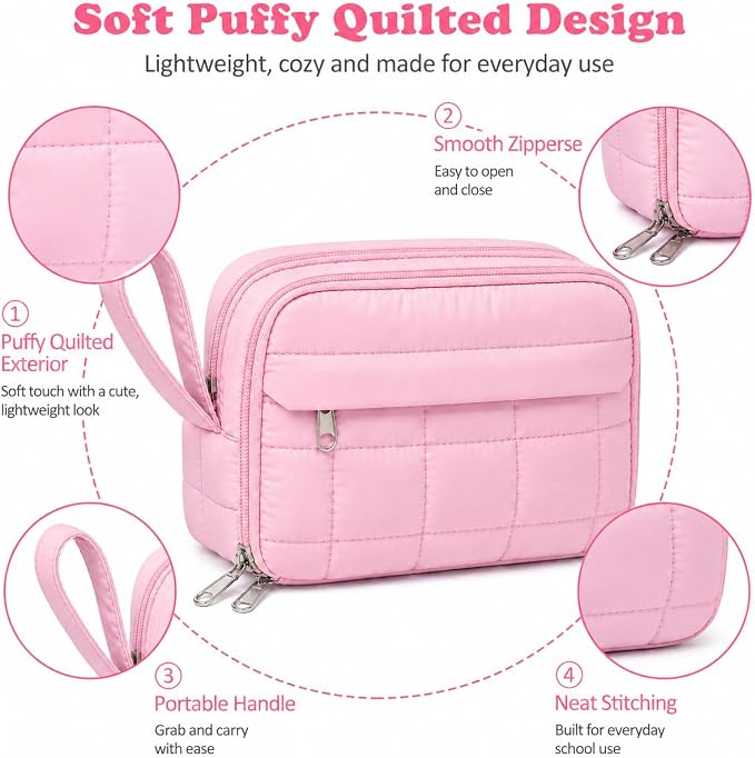 Puffer Quilted Pencil Pouch for Women, Large Capacity Organizer Bag with Multiple Compartments, Cute Aesthetic Pencil Case for Office, Travel & Daily Essentials(pink)