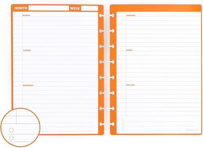Modubooq - 32 orange weekly reusable discbound duratech3 pages - inserts with week planners for smart notebook - A5