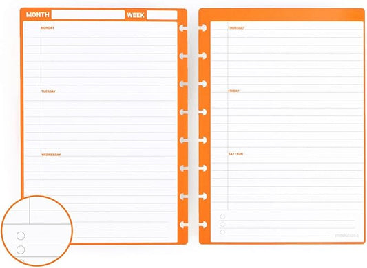 Modubooq - 32 orange weekly reusable discbound duratech3 pages - inserts with week planners for smart notebook - A5