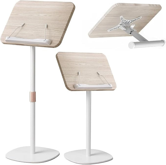 NAMON 2-in-1 Dual-use Floor & Desktop Book Stand, Sturdy Metal & Wood Build, Height Adjustable from 16.5" to 51", Floor Reading Stand for Sheet Music, Cookbooks, Projector (White, 10" x 15" Panel)