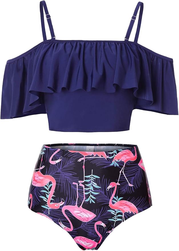Kaei&Shi High Waisted Flounce Bikini Set,Tummy Control Swimsuits for Women,Off Shoulder
