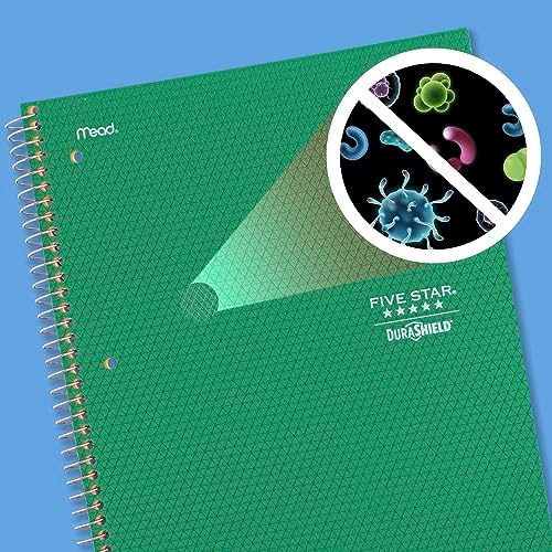 Five Star Spiral Notebook with DuraShield Cover, 4 Pack, 1 Subject, Wide Ruled Paper, 8" x 10-1/2", 100 Sheets, Assorted Colors (930021-ECM)