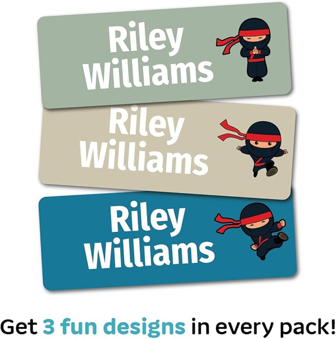 Kids Personalized Name Labels for School, Camp, Daycare (128 Labels) Custom Peel and Stick Waterproof Name Tags Stickers for Water Bottles, Lunch Boxes, Clothing, School Supplies (Ninja)
