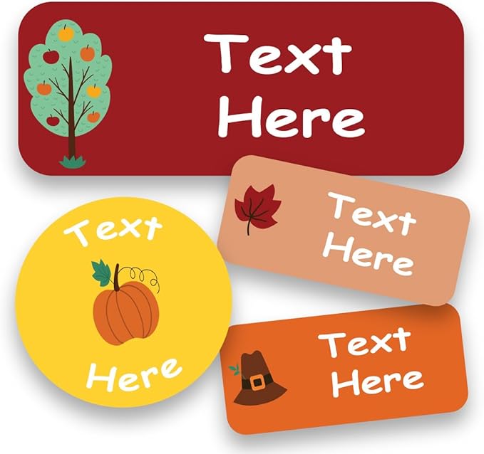 120-ct Personalized Waterproof Name Labels – 3-Line Custom Stick-On Tags for Daycare & Camp – Dishwasher-Safe, Cute Pastel Designs, Pre-Cut (Harvest Fall)