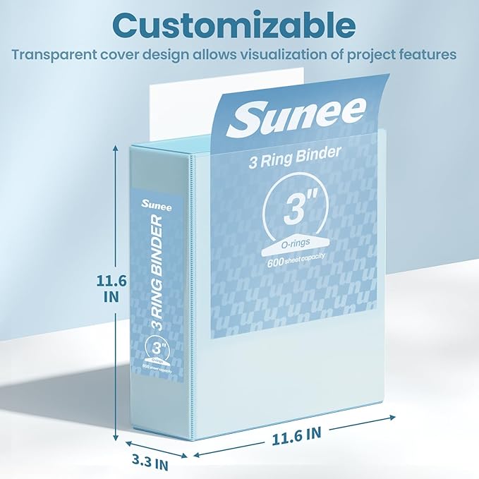 SUNEE 3 Ring Binder 3 Inch 2 Pack, Clear View Binder Three Ring PVC-Free (Fit 8.5x11 Inches) for School or Office Supplies, Blue