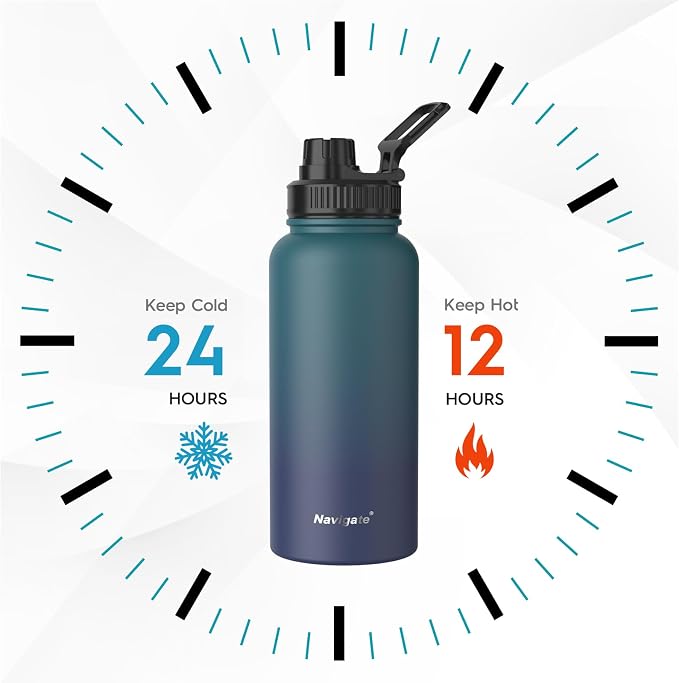 Navigate 32oz Insulated Water Bottle for Sports, Keep Cold 24H | 2-in-1 Spout and Handle Lids, Double Leak-Proof, 18/8 Stainless Steel, BPA-Free, Wide Mouth for Hiking,Blue Gradient