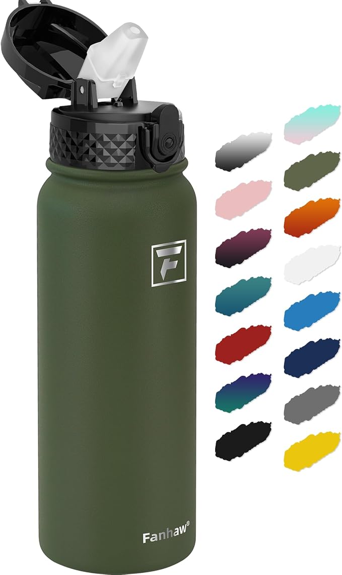 Fanhaw 20 Oz Kids Insulated Stainless Steel Water Bottle with Straw Lid, Leakproof & Anti-Dust Everyday Use Bottle for School, Women & Men, Back to School Essentials (Olive Green)