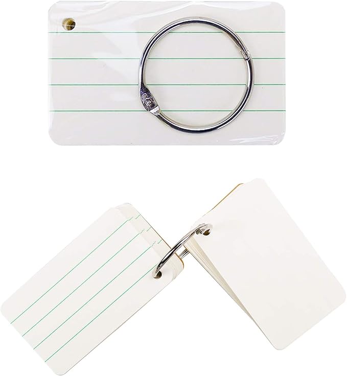 Chris-Wang 200 Sheets Hole Punched and Perfed Words Study Card Flash Cards with 4 Metal Binder Rings, Style A(4 Ruled Line Front, Blank Reverse)