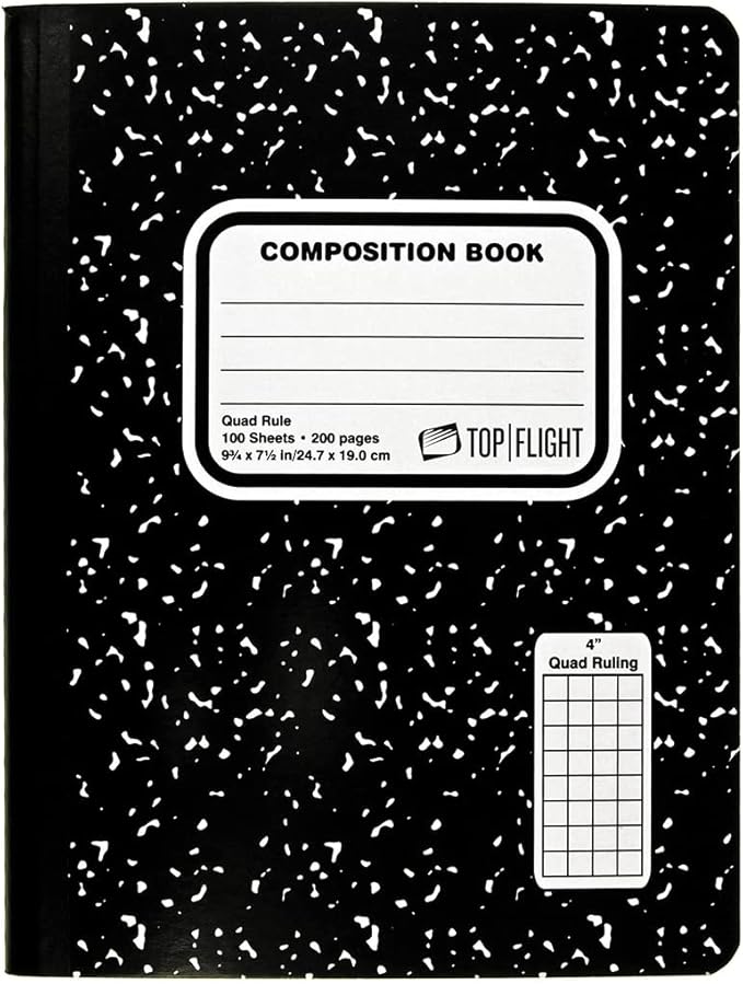 Top Flight Sewn Marble Composition Book, Black/White, Quad Rule, 4 Squares per Inch, 9.75 x 7.5 Inches, 100 Sheets (41320)