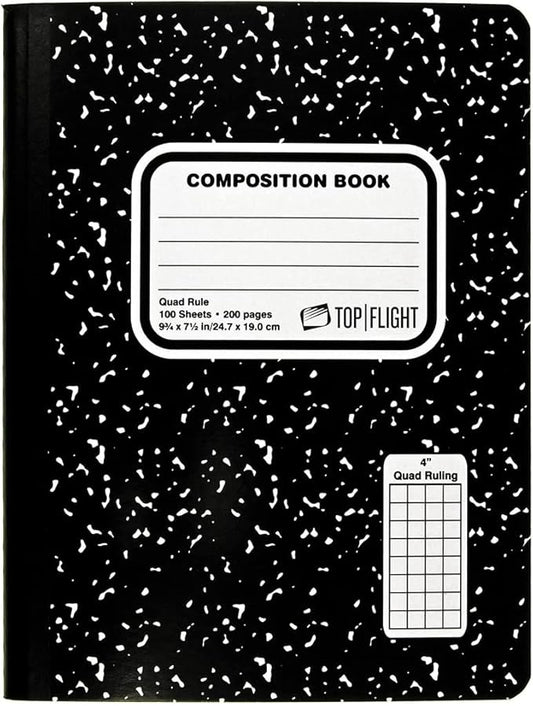 Top Flight Sewn Marble Composition Book, Black/White, Quad Rule, 4 Squares per Inch, 9.75 x 7.5 Inches, 100 Sheets (41320)