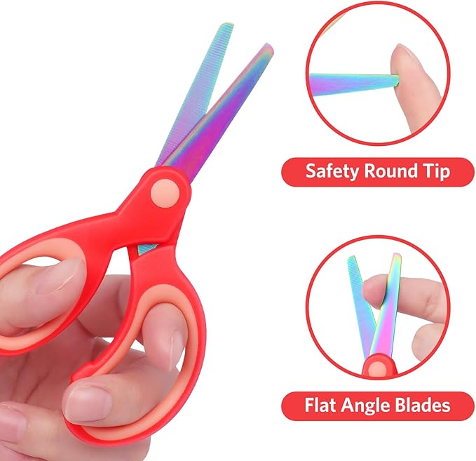 Asdirne Left Handed Kids Scissors, Safety Children Titanium Coating Scissors, Craft Scissors with Blunt Tip Stainless Steel Blades and Soft Grip, Great for Home and School,13.5cm, 3 Pack