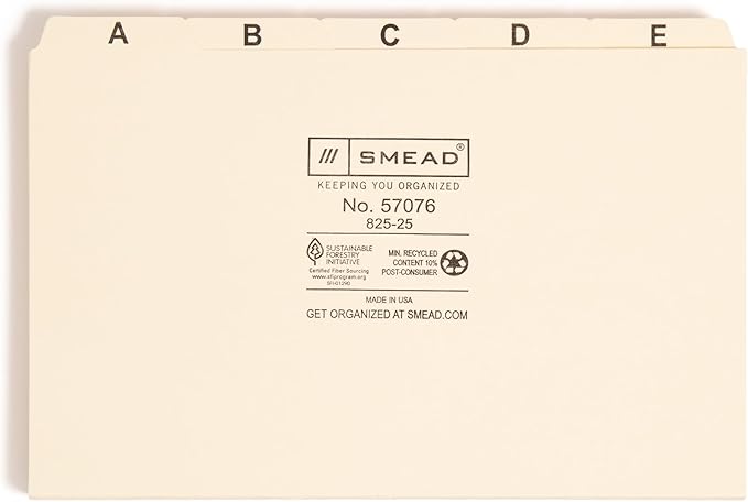 Smead Card Guide, Plain 1/5-Cut Tab (A-Z), 8"W x 5"H, Manila, 25 per Set (57076)