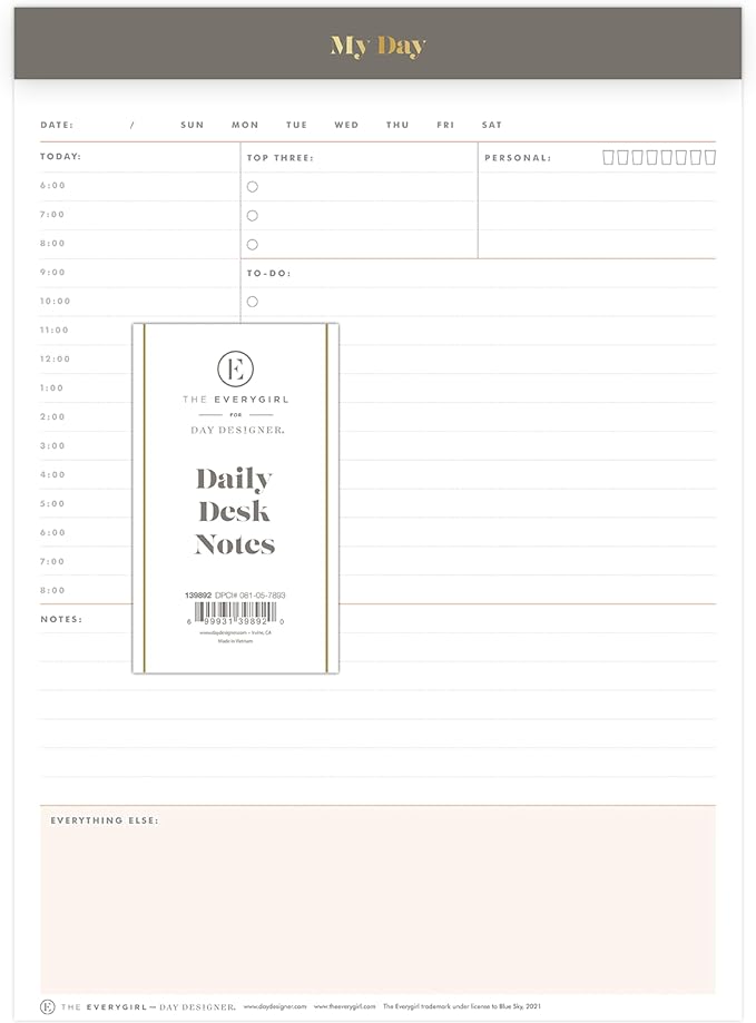 Blue Sky Desk Notes, 7" x 9", Undated Daily Notepad, Perforated Pages, Tear-Off Trim Tape, Task Planner for Office, Home and School (Gray, 7" x 9")