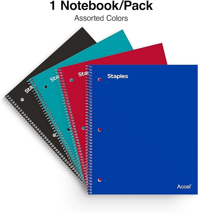 STAPLES 5‑Subject Notebook, 8.5” x 11”, College Ruled, 200 Sheets, Assorted Colors