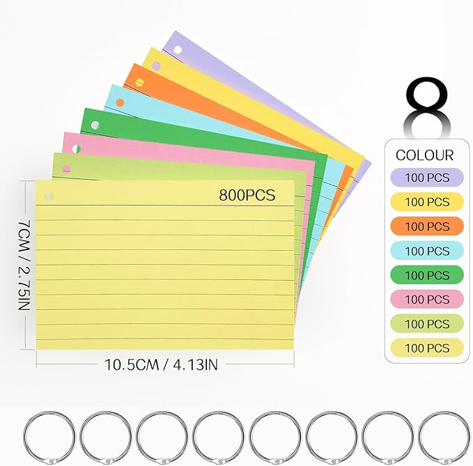 500PCS Colored Index Cards, 3x5 Inches Flash Cards with Ring (3x5(800))