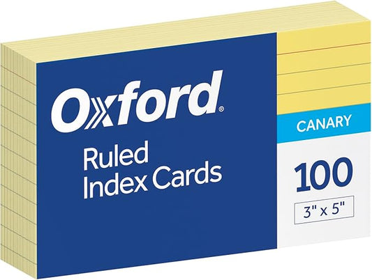 Oxford Ruled Color Index Cards, 3" x 5", Canary, 100 Per Pack (7321 CAN)