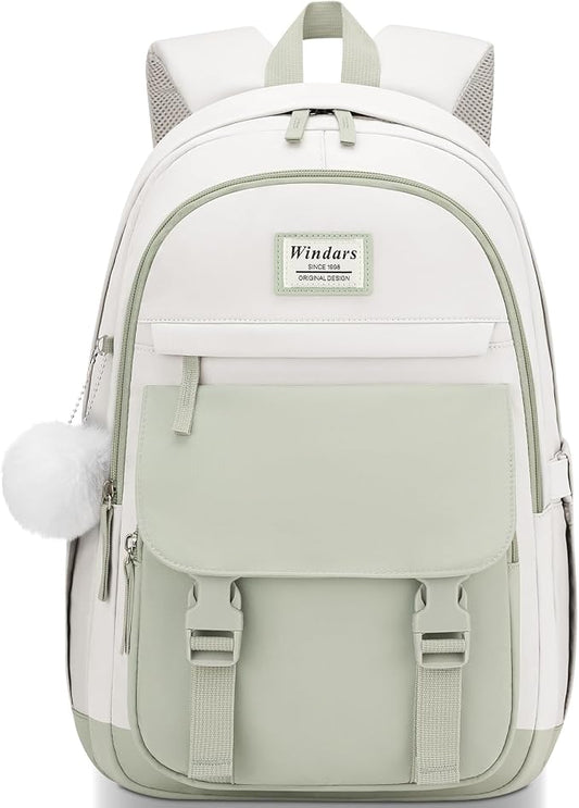 WINDARS School Backpack for Teen Girls, Cute College Backpacks for Women Students Aesthetic Bookbag Large 15.6 Inch Laptop Bag Middle School Travel Back Pack (Green Beige)