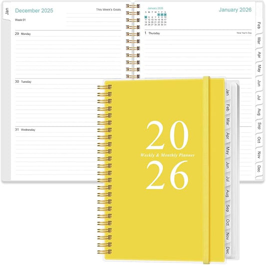 2026 Planner - A5 Weekly & Monthly Planner Spiral Bound, January 2026 - December 2026, Academic Planners 2026 with Flexible Cover, Tabs, Inner Pocket, 6.4" x 8.5", Yellow