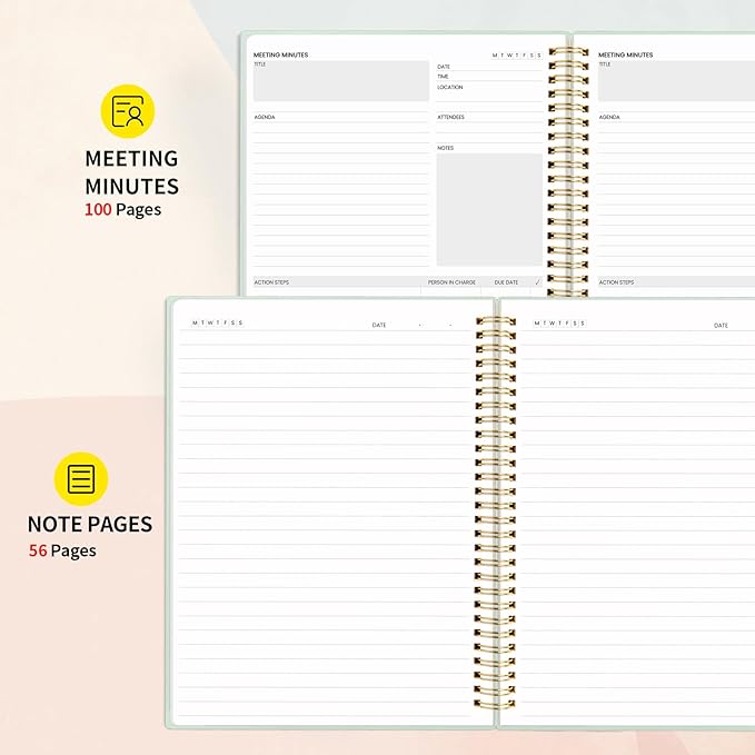 SUNEE Meeting Notebook for Work with Sticky Tabs - 160 Pages, A4 Size Project Planner, Spiral Meeting Agenda/Minutes Notebook Organizer for Women Men, Note Taking, Office&Business,8.5"x11", Sage Green