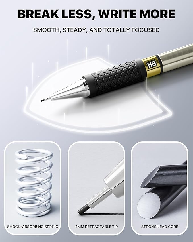 3PCS Metal Mechanical Pencil Set with 0.9mm Bold Point, 360 Leads, 12 Erasers, Art Mechanical Pencils Pack with Storage Case for School Writing, Sketching, Drawing & Professional Drafting