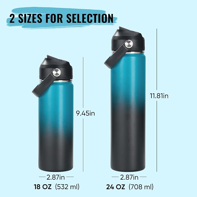 Fijinhom 24oz Insulated Stainless Steel Water Bottle, Wide Mouth Double Wall Vacuum, Silicone Straw, Sweat & Leak Proof, BPA Free Insulated Water Flask for Travel, Keep Cold 24h Hot 12h, Blue