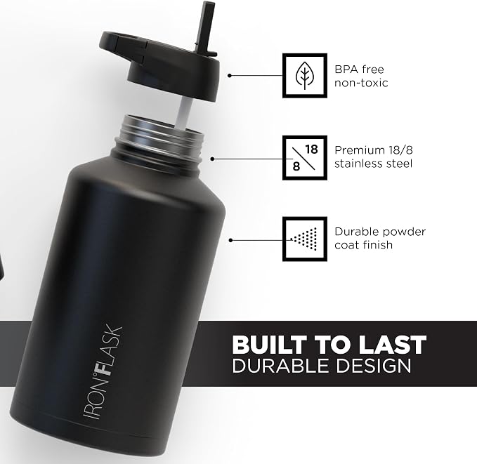 IRON °FLASK 64 oz Wide Mouth Water Bottle with Straw | Insulated Half Gallon Water Bottle with Leakproof Straw Lid - BPA Free, Cold 24 Hrs, Sweat Free (Midnight Black)