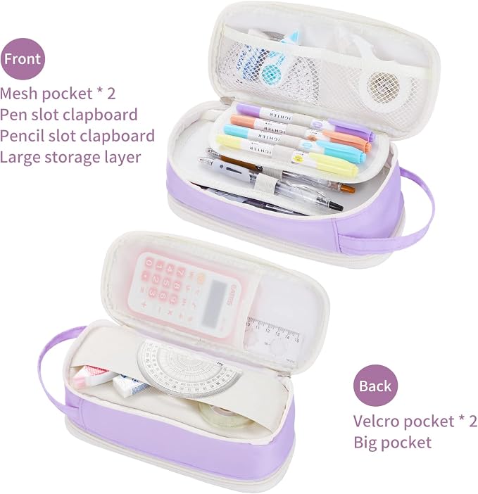 Dugio Large Pencil Bag for Girls School Organizer Pencil Case Big Purple | Teens Kids Zipper Pencil Pouch Aesthetic Pencil Box for School Supplies, Wear-resistant Fabric, Thick Multi-layer Fabric