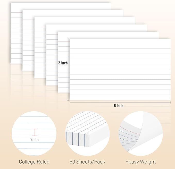 Index Cards 3x5 Inch, 300 Count Ruled White Index Cards, Flash Cards College Ruled Heavyweight Flashcards Durable Study To Do List Note Cards with Ruled Lines for Home, Office & School Supplies