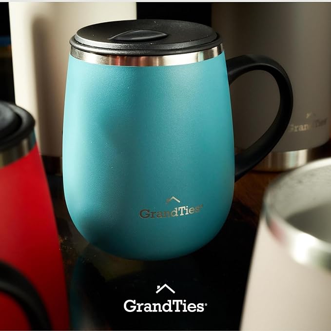 GRANDTIES Insulated Coffee Mug with Handle - Sliding Lid for Splash-Proof 16oz Wine-Glass Shape Thermal Tumbler with Double Walled Vacuum Stainless Steel to Keeps Beverages Hot or Cold-Atlantis Blue