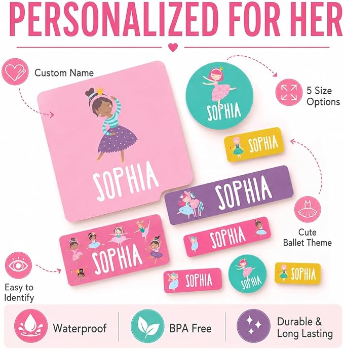 Andaz Press Custom Personalized Waterproof School Name Labels, Ballerina, 120-Pack, Kids Labels Combo Pack, Customizable Multi-Use Name Stickers Back to School Supplies Custom Name Stickers
