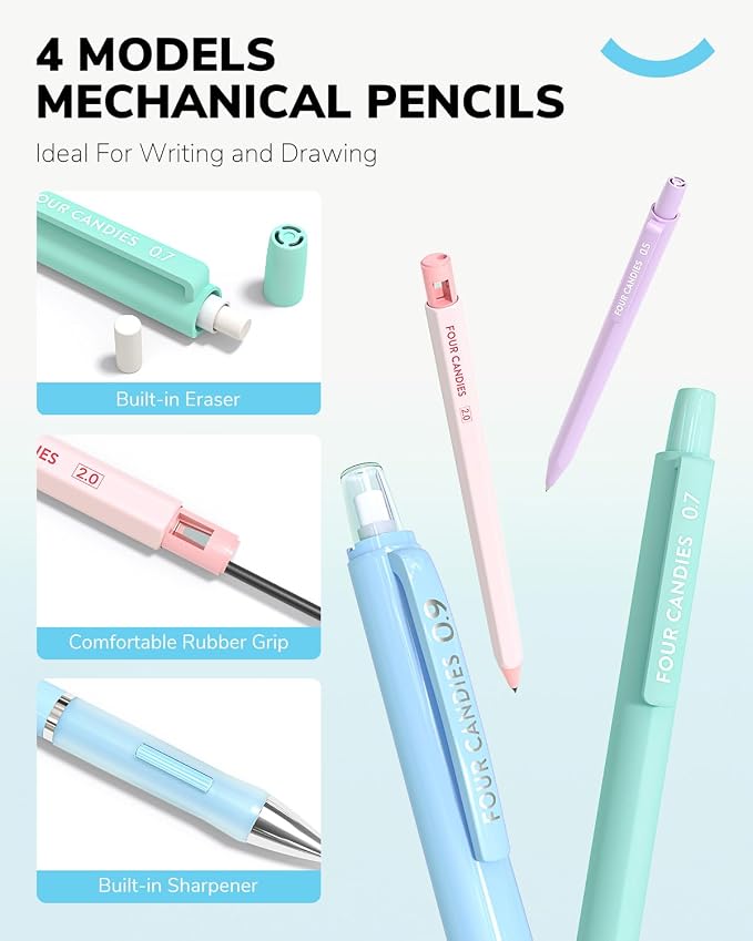 Four Candies 36PCS Mechanical Pencil Set with 624 Lead Refills (Light Blue) | 0.5mm, 0.7mm, 0.9mm & 2.0mm Mechanical Pencils, Aesthetic School Supplies for Writing, Drawing, Drafting and Note-Taking