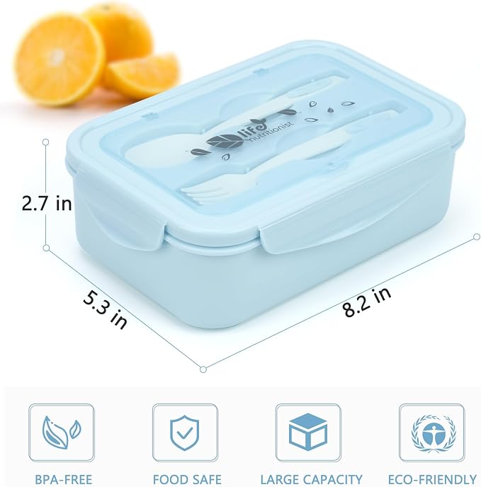Bento Boxes for Adults - 1100 ML Lunch Box Container For Kids Women With Built-in Spoon & Fork - Durable for On-the-Go Meal, BPA-Free and Food-Safe Materials（Light Blue）