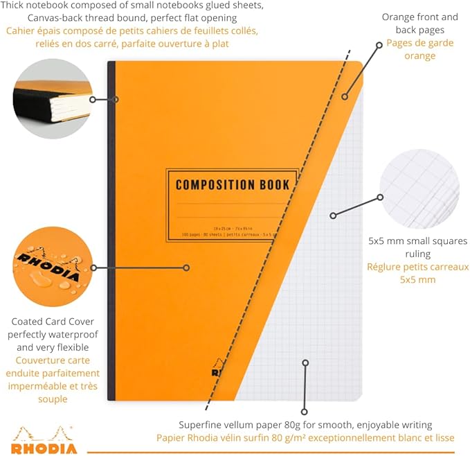 Clairefontaine 119228C Notebook 160 Pages 19 x 25 cm 80 g Small Squares Coated Cover Rhodia Orange