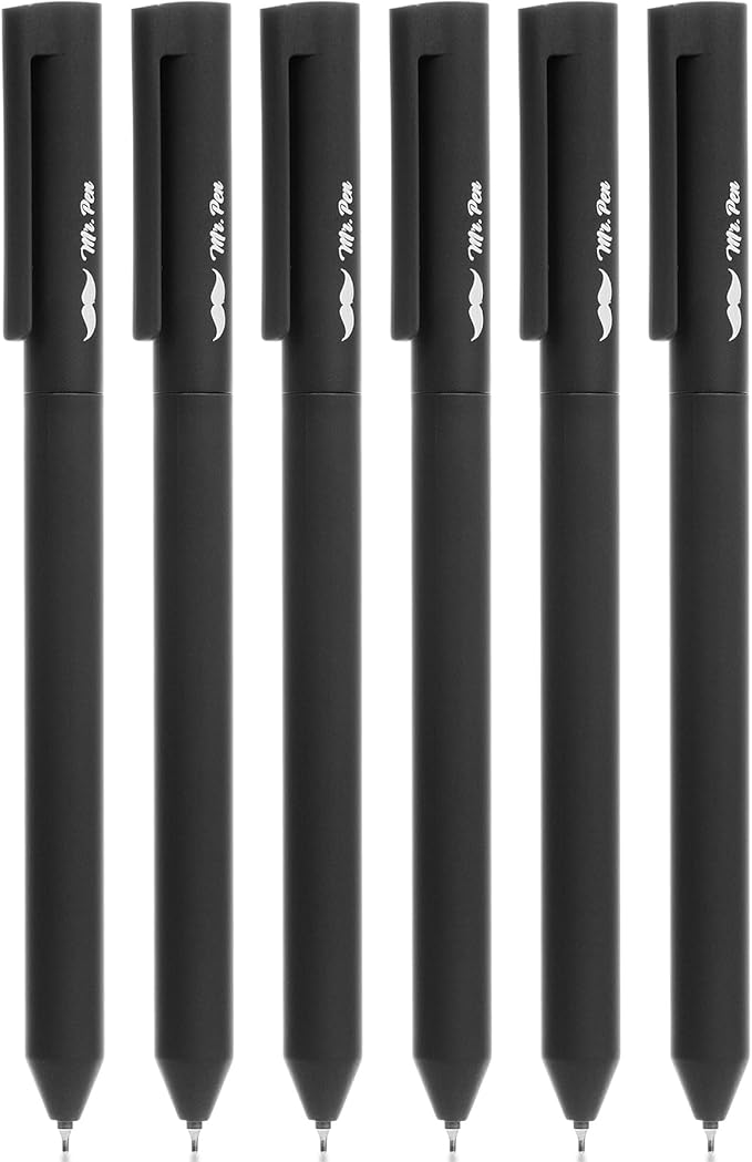 Mr. Pen- Retractable Gel Pens, 6 Pack, Black Ink, Black Barrels, Fine Point 0.5 mm, Fast Dry, Smooth Writing, Cute Pens for Drawing, Writing Planner and School Supplies