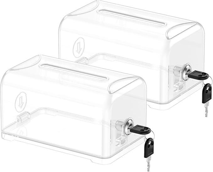 Uniclife 2 Pack Acrylic Donation Boxes for Fundraising, Clear Suggestion Box with Slot and Lock, Desktop Ballot Box Tip Jar, Plastic Storage Container for Voting Comment Collection, 7.3" x 4.5" x 3.9"