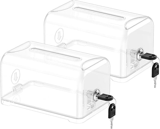Uniclife 2 Pack Acrylic Donation Boxes for Fundraising, Clear Suggestion Box with Slot and Lock, Desktop Ballot Box Tip Jar, Plastic Storage Container for Voting Comment Collection, 7.3" x 4.5" x 3.9"