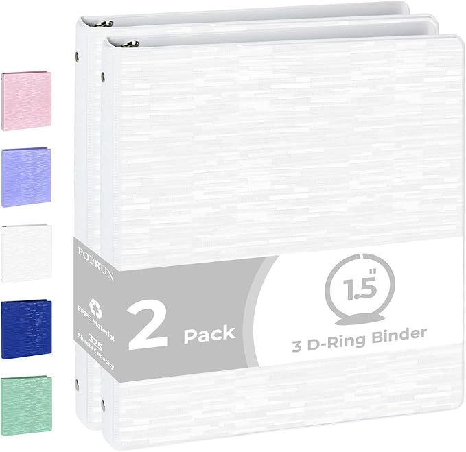 POPRUN 3 Ring Binder 1.5 Inch, PVC-Free, Holds 325 Sheets of 8.5 x 11 Paper, Extra Durable Organizer with 2 Pockets for School & Office, Heavy-Duty, 2 Pack, White
