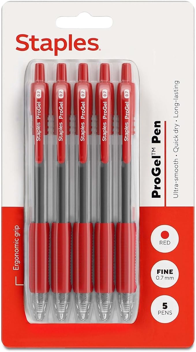 Staples ProGel Retractable Gel Pen, Fine Point 0.7mm, Red Ink, 5-Pk | Smooth-flow ink for editing, mark-up, and everyday office writing.