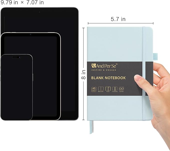 &And Per Se Blank Sketch Notebook, A5 Hardcover, 160 Pages 100gsm Thick Paper, Unlined Journal for Drawing, Doodling, Hand Lettering – Creative Gift for Artists, Designers, Writers (Cyan)
