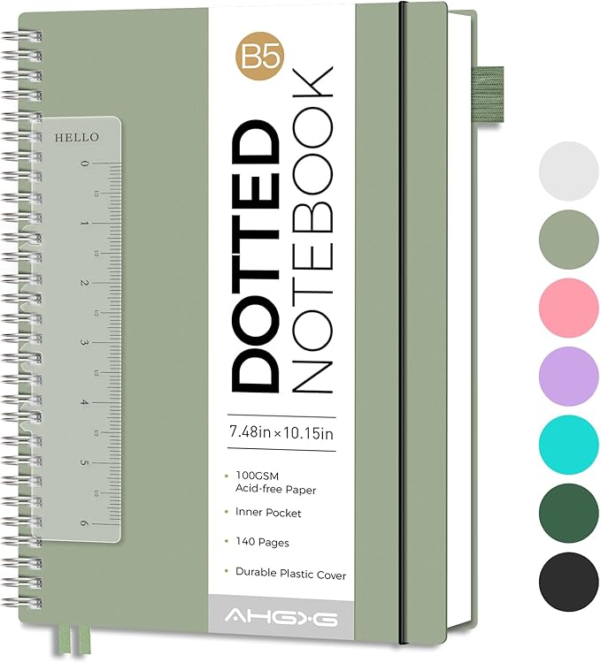 AHGXG Dotted Journal - Dot Grid Spiral Notebook B5, 140 Pages, 100 GSM Thick Paper, Waterproof Plastic Cover Journals for Bullet Journaling, Sketching, 7.6" x 10", Sage Green