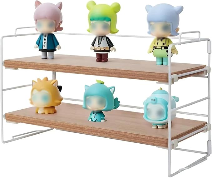ShellKingdom Display Shelf for Figures, 2 Tier Desk Shelf Organizer, Desktop Shelves, Adjustable Bookshelf Storage Rack and Office Cubicle Decor for Tabletop, Office, Dorm (White Frame + Wood Board)